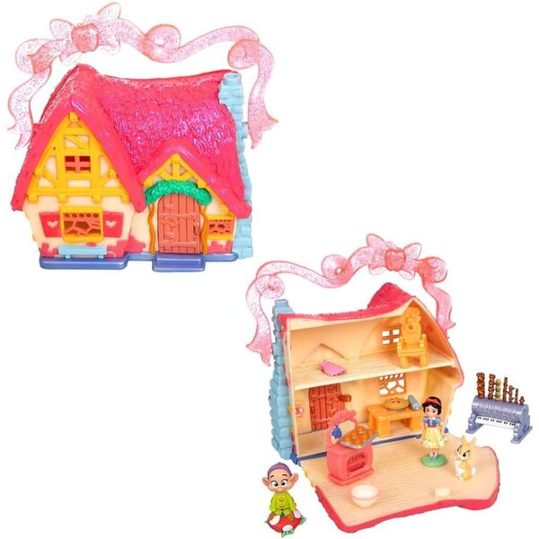 DISNEY STORE Juego de micro juegos oficial de Snow White Cottage, incluye microfiguras Blancanieves y Dopey, juguete de viaje portátil con asa, juguetes de viaje con revelaciones sorpresa