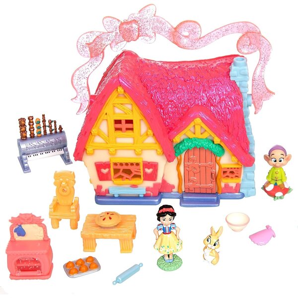 DISNEY STORE Juego de micro juegos oficial de Snow White Cottage, incluye microfiguras Blancanieves y Dopey, juguete de viaje portátil con asa, juguetes de viaje con revelaciones sorpresa