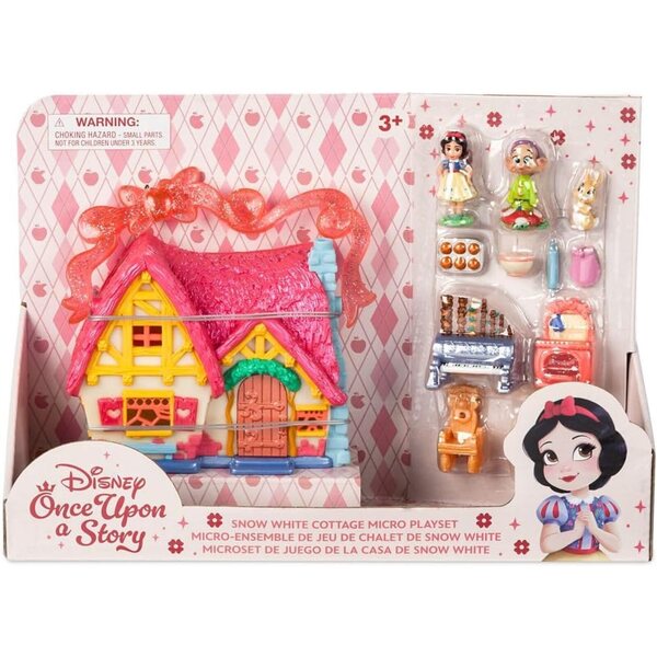 DISNEY STORE Juego de micro juegos oficial de Snow White Cottage, incluye microfiguras Blancanieves y Dopey, juguete de viaje portátil con asa, juguetes de viaje con revelaciones sorpresa