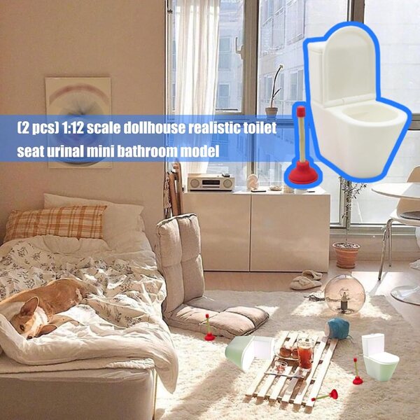 1/12 Puppenhaus-Miniatur-Toilette mit Trockenständer und Figur – realistische Dekoration