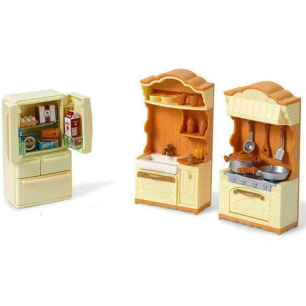 Küche im Landhausstil von Sylvanian Families mit Backofen, Kühlschrank und Puppenzubehör