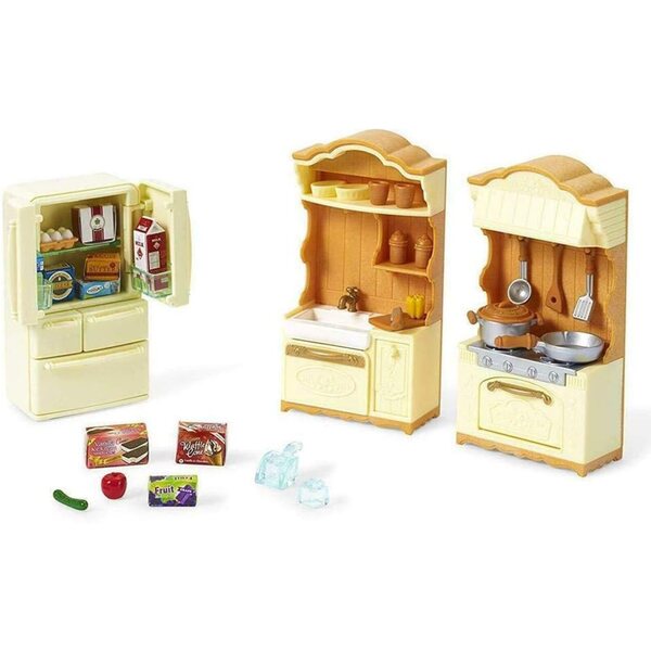 Küche im Landhausstil von Sylvanian Families mit Backofen, Kühlschrank und Puppenzubehör