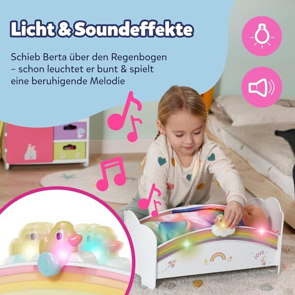 BABY born lettino arcobaleno con luce, melodia e accessori per bambole da 3 anni