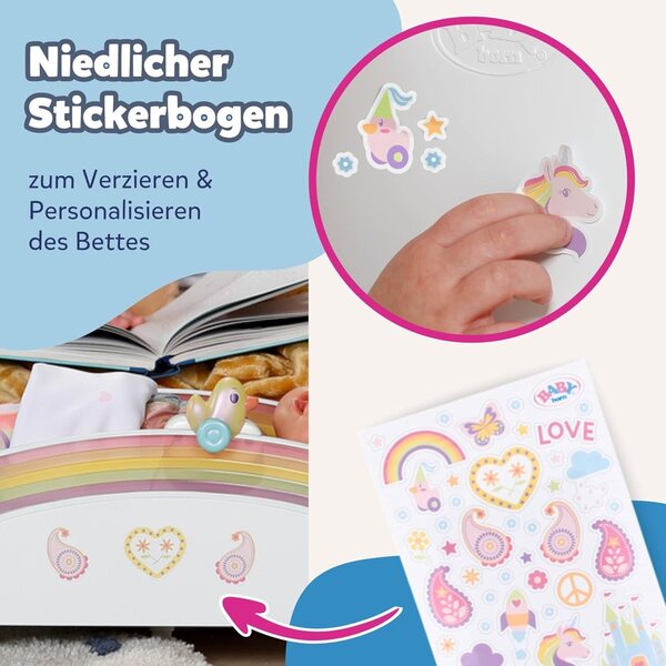 BABY born lettino arcobaleno con luce, melodia e accessori per bambole da 3 anni
