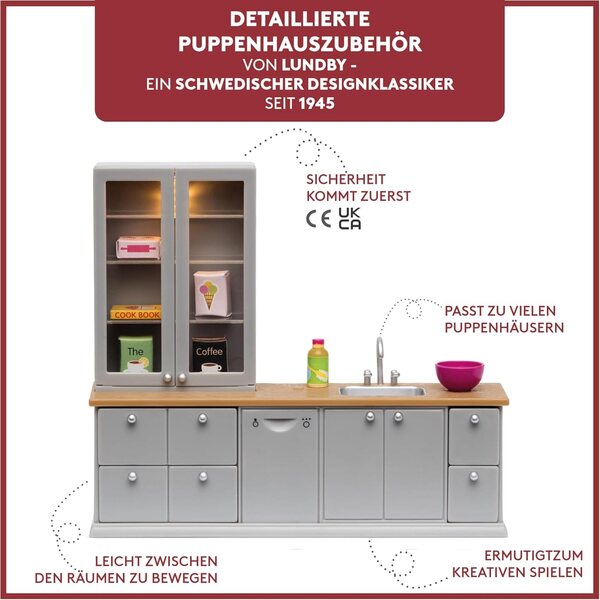 Lundby Puppenhaus Miniaturküche mit LED-Leuchten und Zubehör 8 Stück 1:18