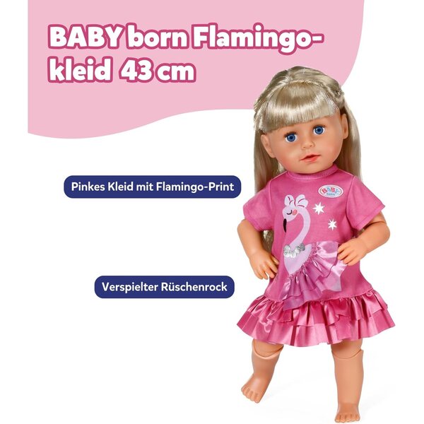 BABY born abito con fenicottero rosa per bambole 43 cm con rouches in satin e stampa stellata