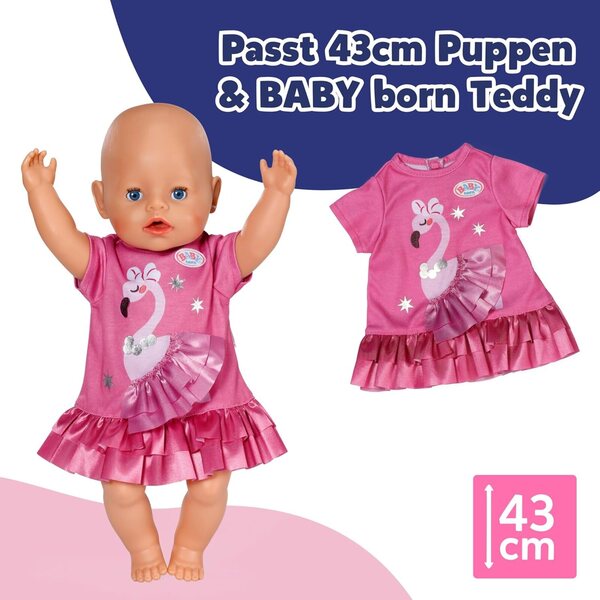 BABY born abito con fenicottero rosa per bambole 43 cm con rouches in satin e stampa stellata