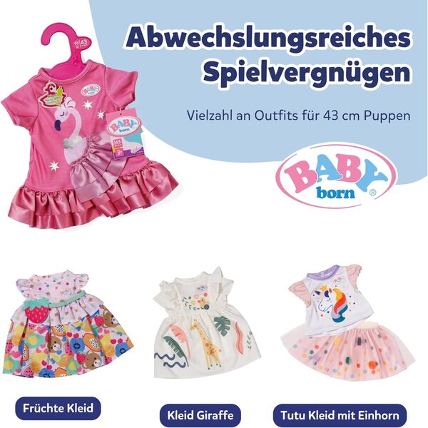 BABY born abito con fenicottero rosa per bambole 43 cm con rouches in satin e stampa stellata