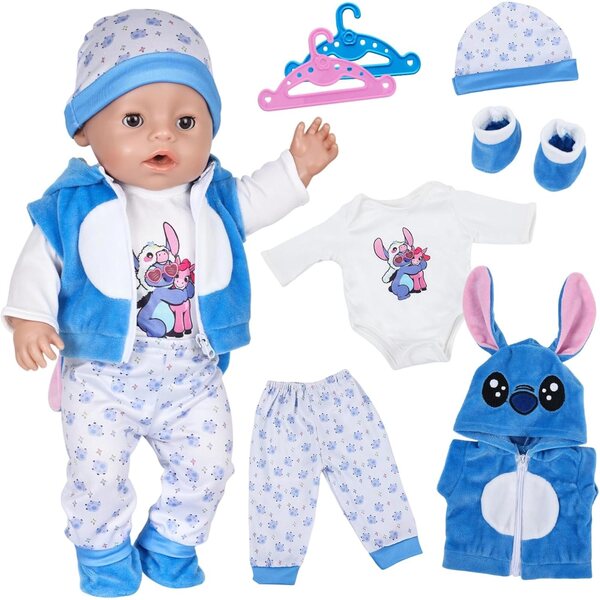 Set 7 Pezzi Abbigliamento Blu per Bambole 35-45 cm con Accessori in Cotone Morbido