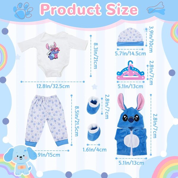 Set 7 Pezzi Abbigliamento Blu per Bambole 35-45 cm con Accessori in Cotone Morbido