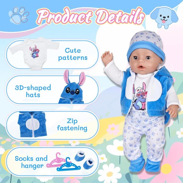 Set 7 Pezzi Abbigliamento Blu per Bambole 35-45 cm con Accessori in Cotone Morbido