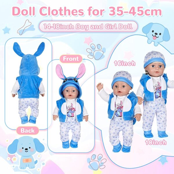 Set 7 Pezzi Abbigliamento Blu per Bambole 35-45 cm con Accessori in Cotone Morbido