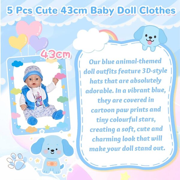 Set 7 Pezzi Abbigliamento Blu per Bambole 35-45 cm con Accessori in Cotone Morbido