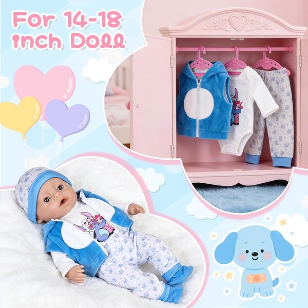 Set 7 Pezzi Abbigliamento Blu per Bambole 35-45 cm con Accessori in Cotone Morbido
