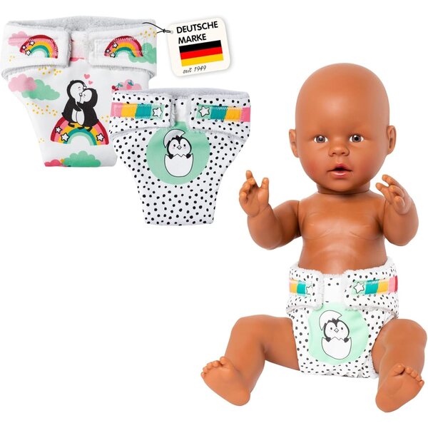 Heless waschbare Windeln für Puppen 35-45 cm Pinguin-Design 2 Stück mit Klettverschluss