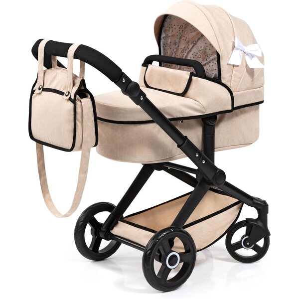 Beigefarbener Puppenwagen Xeo mit Taschen und verstellbarem Griff, Spielzeug für Kinder bis 46 cm