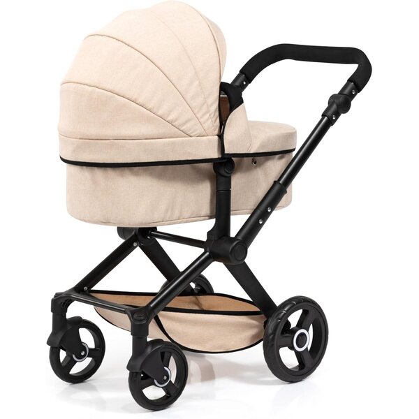 Beigefarbener Puppenwagen Xeo mit Taschen und verstellbarem Griff, Spielzeug für Kinder bis 46 cm