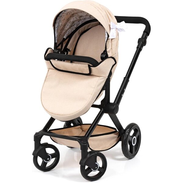 Beigefarbener Puppenwagen Xeo mit Taschen und verstellbarem Griff, Spielzeug für Kinder bis 46 cm