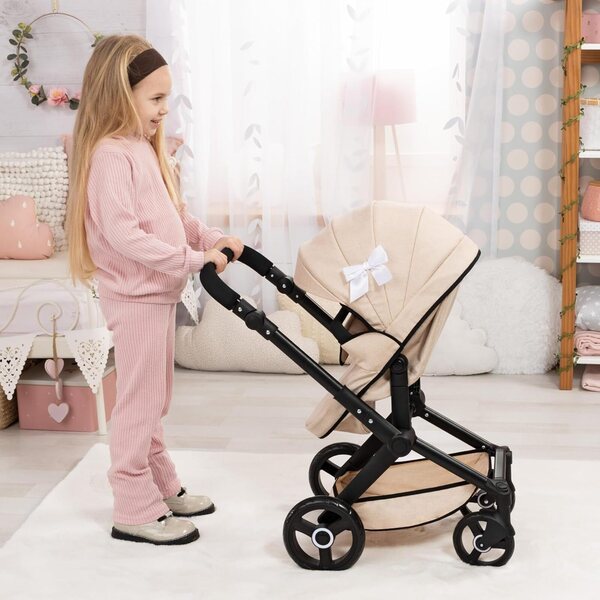 Beigefarbener Puppenwagen Xeo mit Taschen und verstellbarem Griff, Spielzeug für Kinder bis 46 cm
