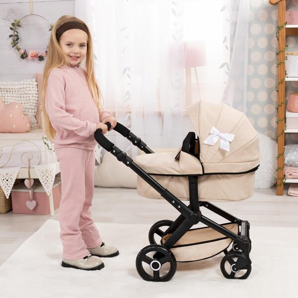 Beigefarbener Puppenwagen Xeo mit Taschen und verstellbarem Griff, Spielzeug für Kinder bis 46 cm