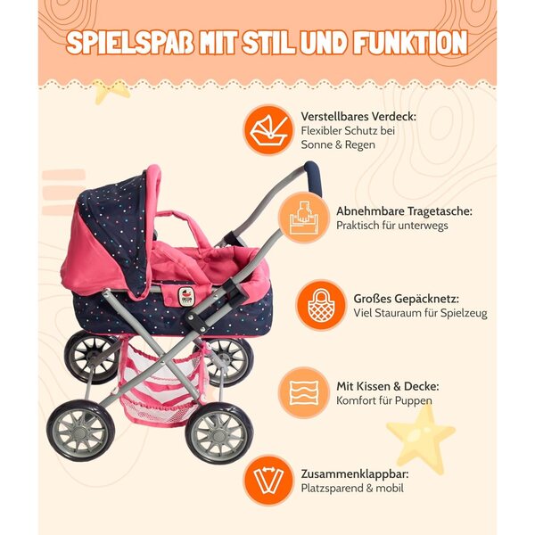 Bayer Chic 2000 passeggino per bambole Smarty Pink con Accessori e Tettuccio Regolabile