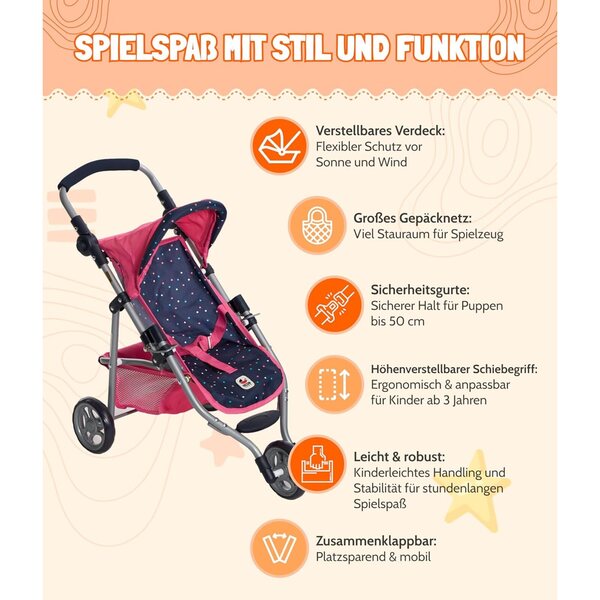 Bayer Chic 2000 buggy per bambole Lola Rosa Confetti Pieghevole con Manico Regolabile