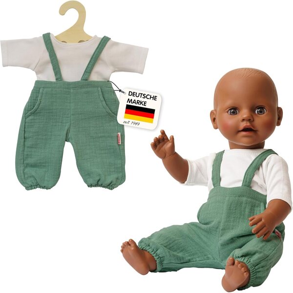 Heless 2-teilige Puppenkleidung Salbeigrün 100 % Bio-Baumwolle, Overall und T-Shirt 28-35 cm