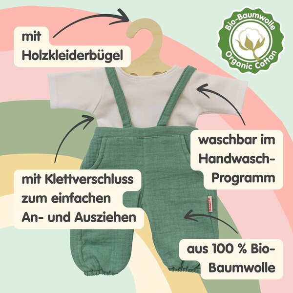 Heless 2-teilige Puppenkleidung Salbeigrün 100 % Bio-Baumwolle, Overall und T-Shirt 28-35 cm