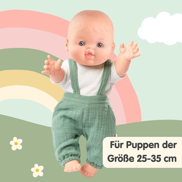 Heless 2-teilige Puppenkleidung Salbeigrün 100 % Bio-Baumwolle, Overall und T-Shirt 28-35 cm