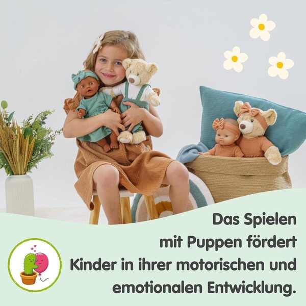 Heless 2-teilige Puppenkleidung Salbeigrün 100 % Bio-Baumwolle, Overall und T-Shirt 28-35 cm