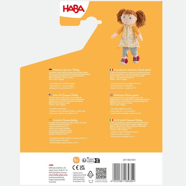 HABA Summer Feeling Bekleidungsset - Outfit für 30 cm große Stoffpuppen ab 18 Monaten, waschbar bei 30°C