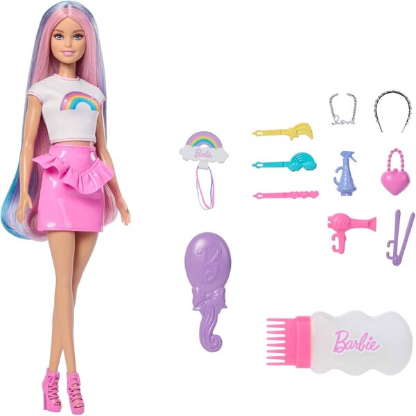 Barbie Regenbogen Glitzerhaar Puppe mit 12 Styling-Accessoires und farbigen Langhaaren