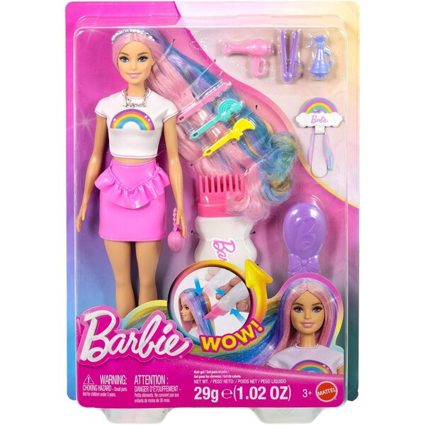 Barbie Regenbogen Glitzerhaar Puppe mit 12 Styling-Accessoires und farbigen Langhaaren