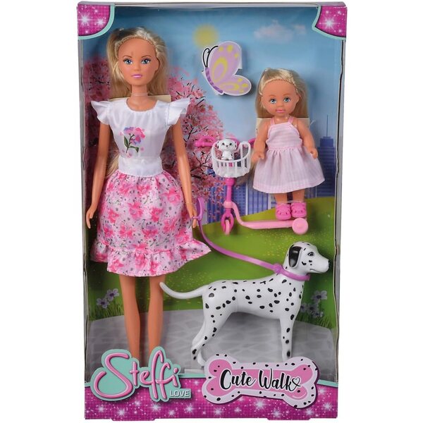Steffi Love Niedlicher Spaziergang mit zwei Dalmatinern und Roller für Puppen 12-29cm, ab 3 Jahren