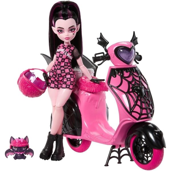 Monster High Draculaura mit Scooter Monster, Puppe mit exklusivem Zubehör