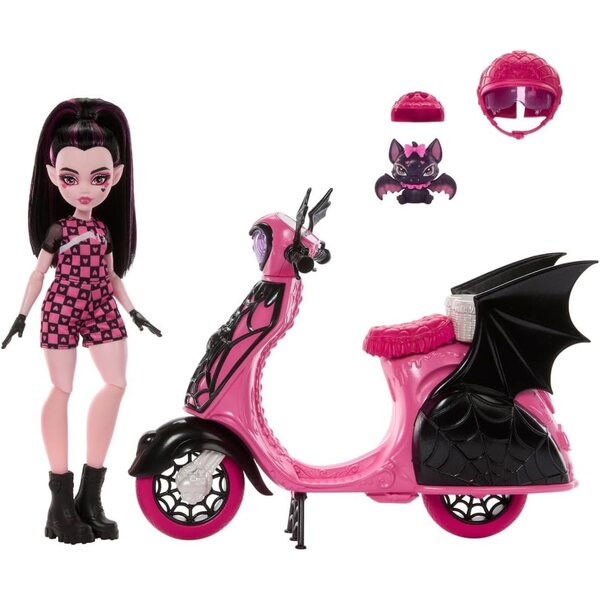 Monster High Draculaura mit Scooter Monster, Puppe mit exklusivem Zubehör