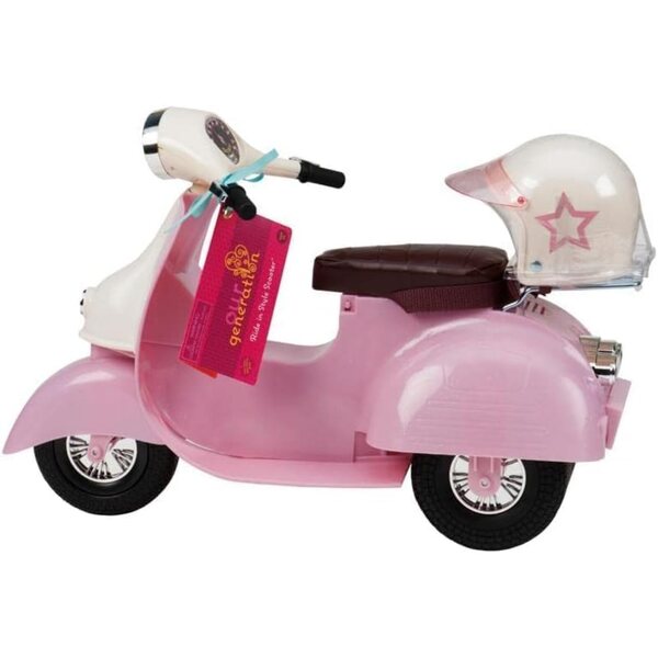 Unser Generation-Fahrzeugset mit Roller und Helm für 46-cm-Puppen in Rosa und Elfenbein
