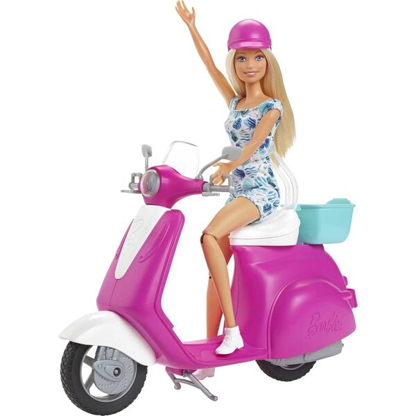 Barbie mit rosa-weißem Roller und türkisfarbenem Korb – Spiele für Mädchen