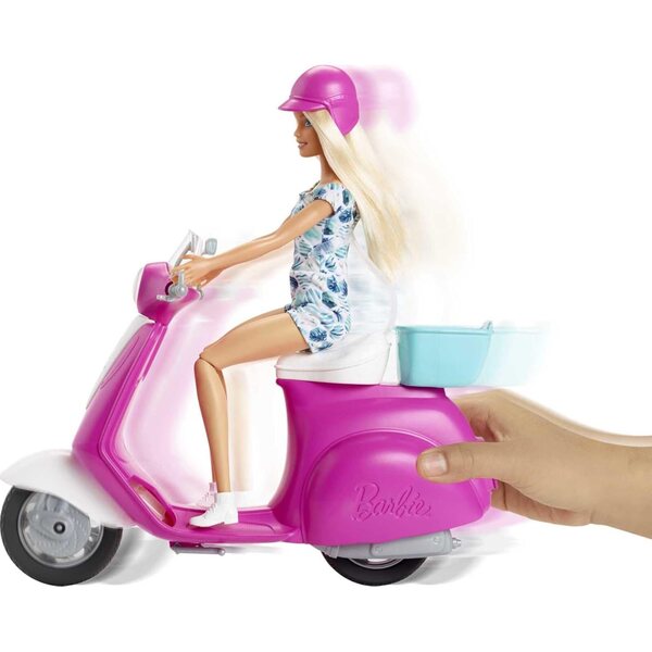 Barbie mit rosa-weißem Roller und türkisfarbenem Korb – Spiele für Mädchen