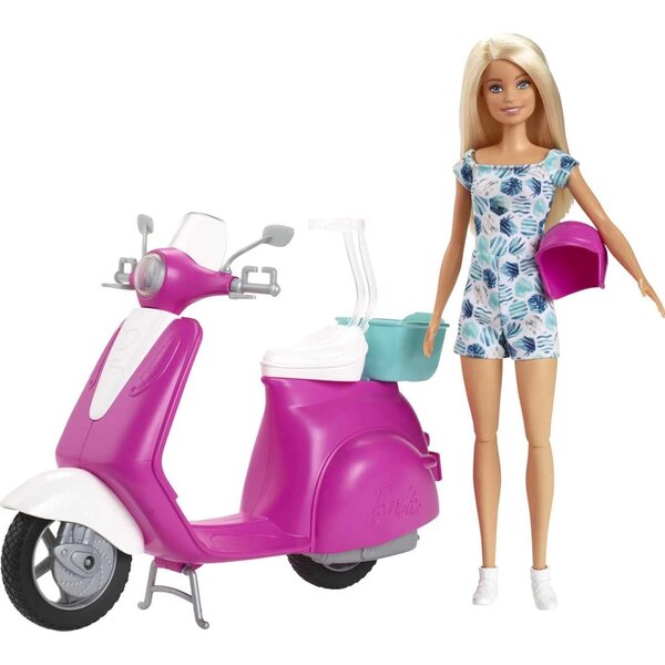 Barbie mit rosa-weißem Roller und türkisfarbenem Korb – Spiele für Mädchen