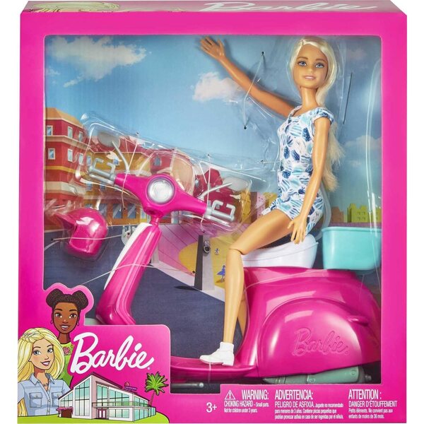 Barbie mit rosa-weißem Roller und türkisfarbenem Korb – Spiele für Mädchen