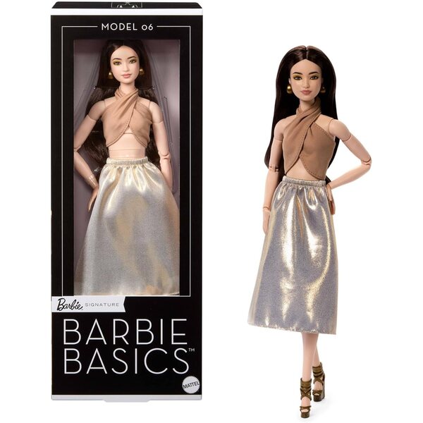 Barbie Basics Modell 06: elegante Modepuppe mit goldenem Rock und Neckholder-Oberteil