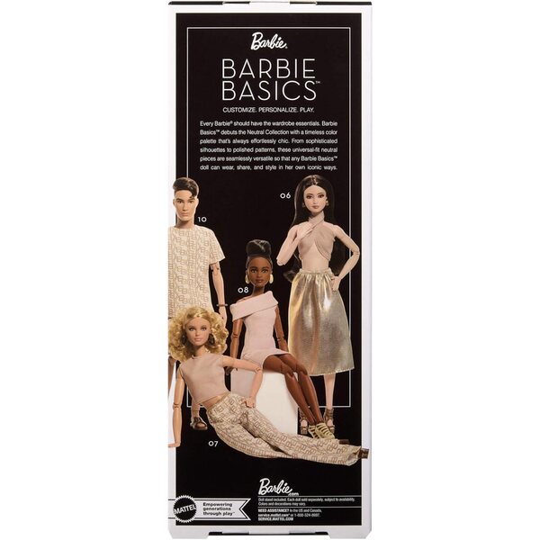 Barbie Basics Modell 06: elegante Modepuppe mit goldenem Rock und Neckholder-Oberteil