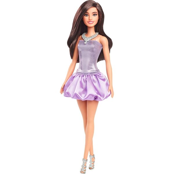 Barbie Fashionistas mit lila Paillettenkleid, silberner Halskette und eleganten Sandalen
