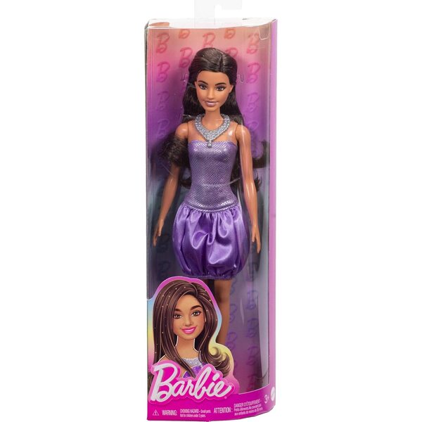 Barbie Fashionistas mit lila Paillettenkleid, silberner Halskette und eleganten Sandalen