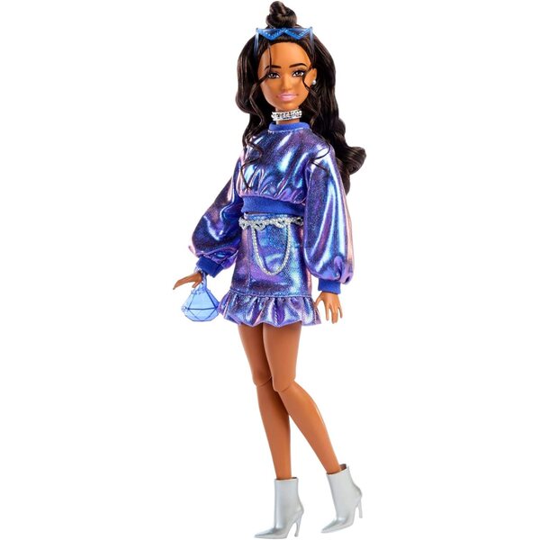 Barbie-Puppe im Deluxe-Stil mit blauem Metallic-Oberteil, Rock und glamourösen Accessoires