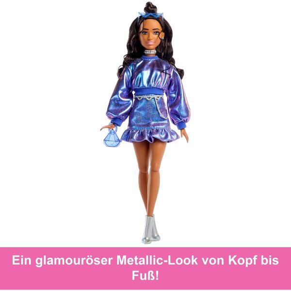 Barbie-Puppe im Deluxe-Stil mit blauem Metallic-Oberteil, Rock und glamourösen Accessoires