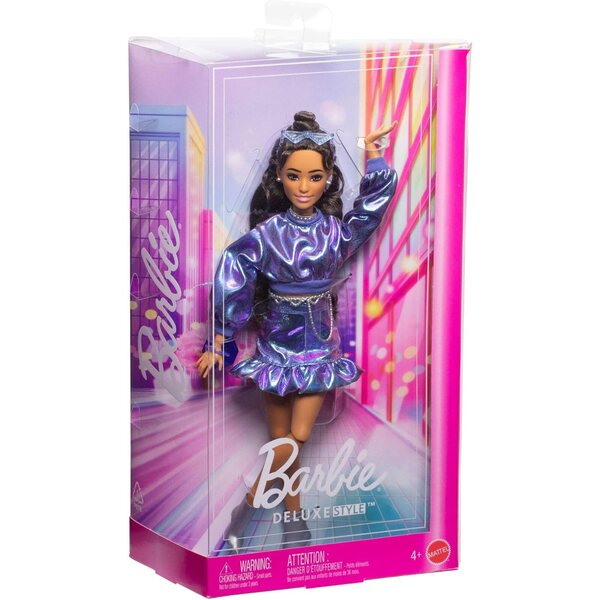 Barbie-Puppe im Deluxe-Stil mit blauem Metallic-Oberteil, Rock und glamourösen Accessoires