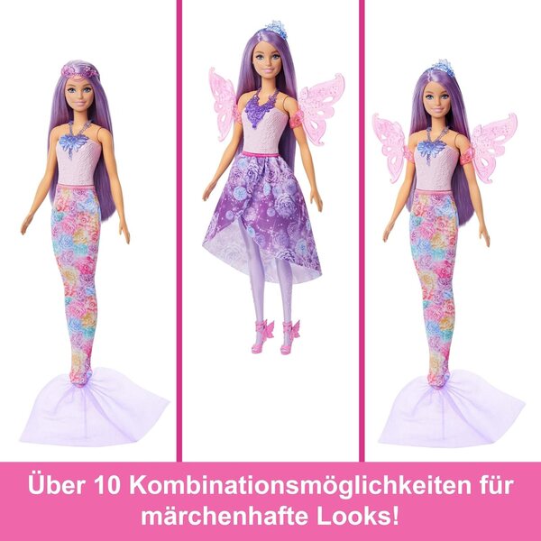 Barbie 3-in-1-Puppenfantasien mit 8 Zubehörteilen für über 10 magische Looks und Verwandlungen