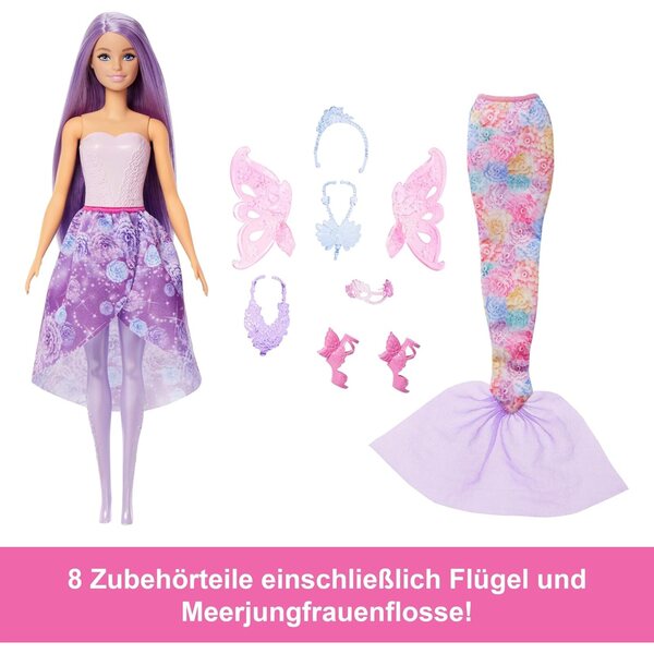 Barbie 3-in-1-Puppenfantasien mit 8 Zubehörteilen für über 10 magische Looks und Verwandlungen